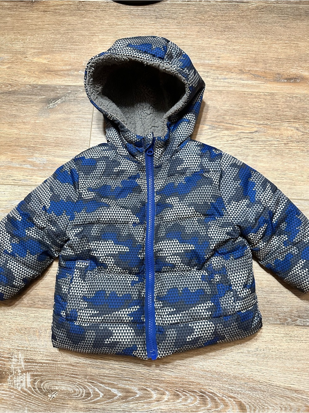 Swiss Tech Blue & Gray Camouflage Puffer Jacket with Hood 12 months